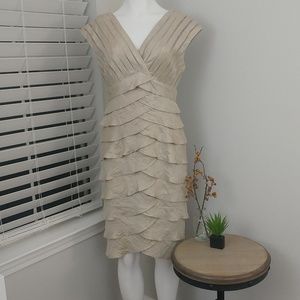Cache Shimmer beige Ruffle Dress size 8. B58